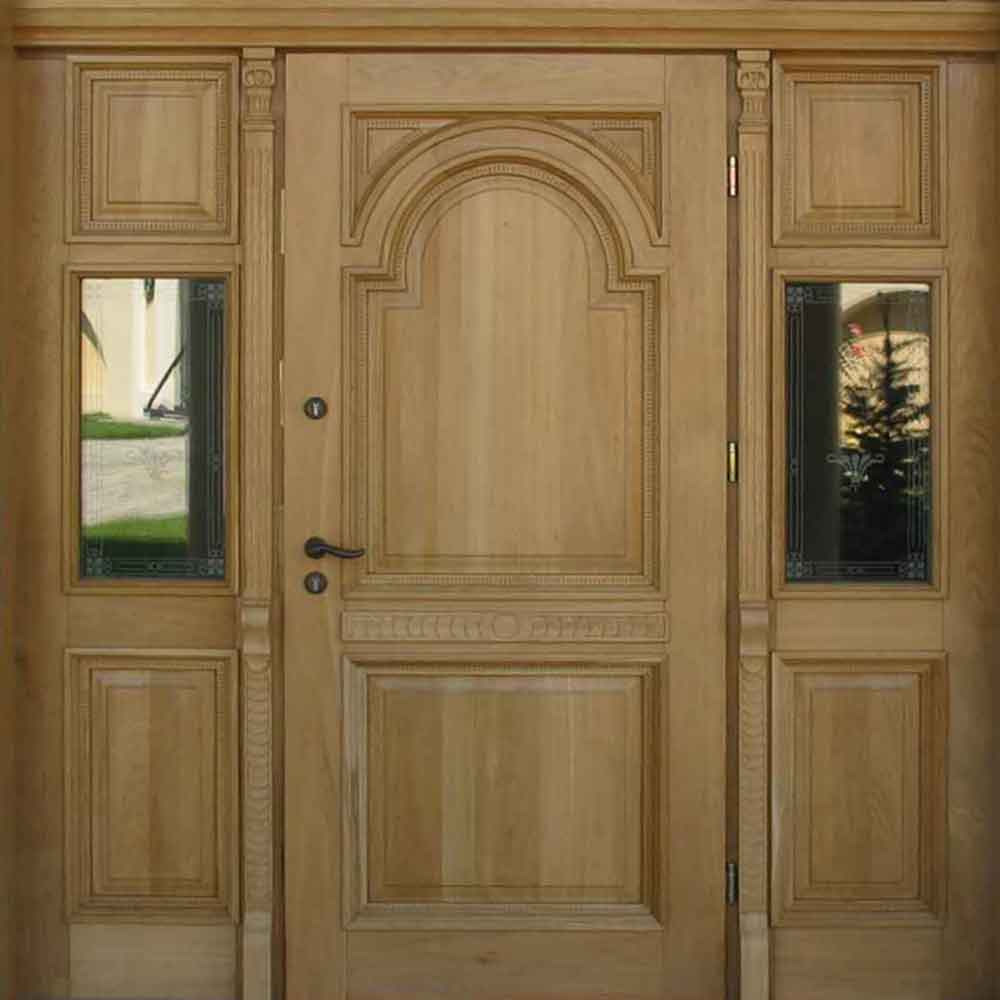 Drzwi zewnętrzne drewniane z przeszklonymi dostawkami